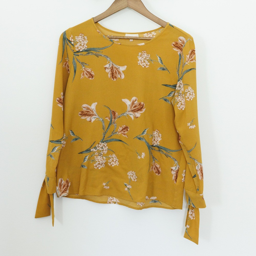 Urban Girl Mustard Yellow Floral Long Sleeve Tie Cuff Blouse Top Medium UDS6981